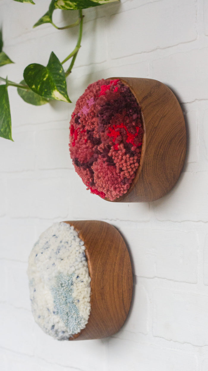 The Puff Collection | Round Teak Frame with Fiber Art in Reds and Pinks