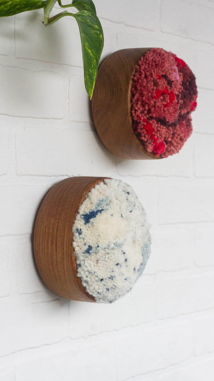 The Puff Collection | Round Teak Frame with Fiber Art in Reds and Pinks