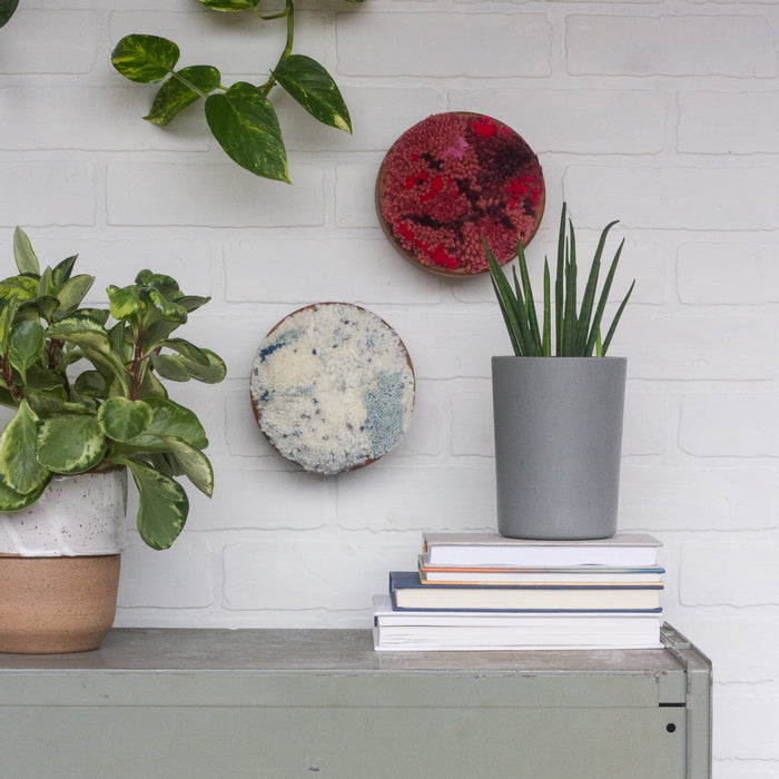 The Puff Collection | Round Teak Frame with Fiber Art in Reds and Pinks