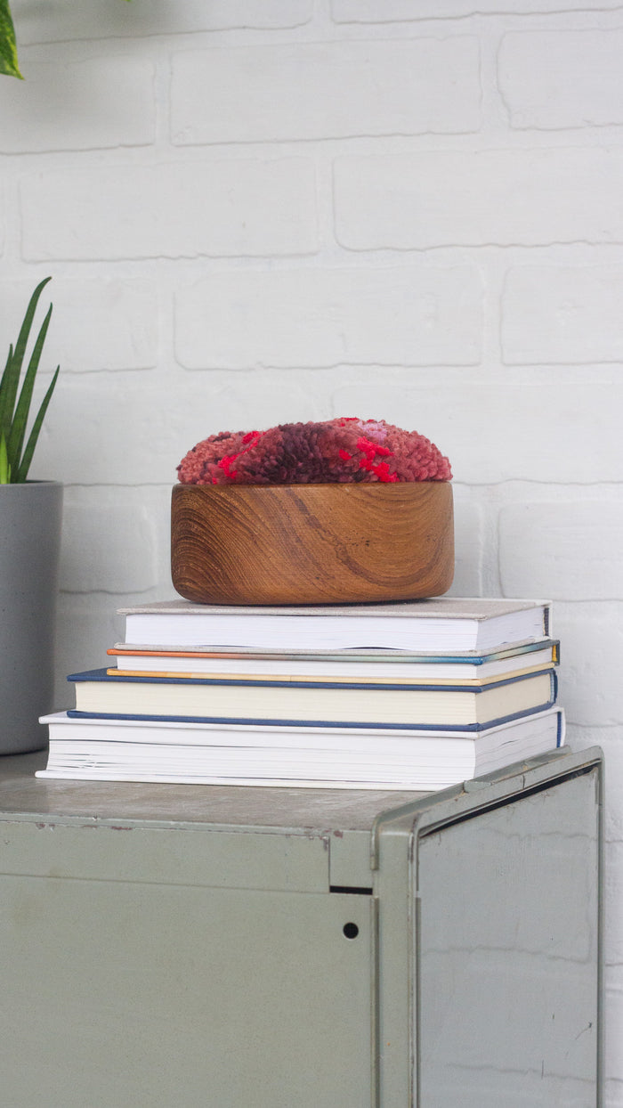 The Puff Collection | Round Teak Frame with Fiber Art in Reds and Pinks