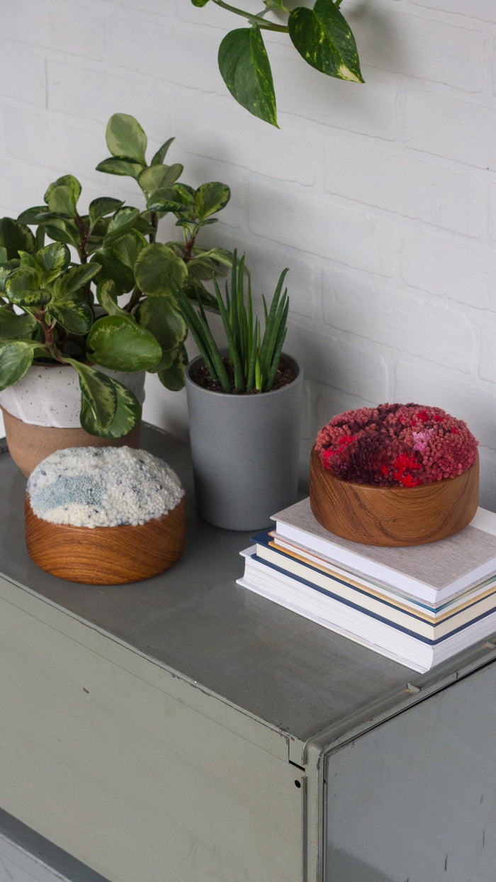 The Puff Collection | Round Teak Frame with Fiber Art in Reds and Pinks
