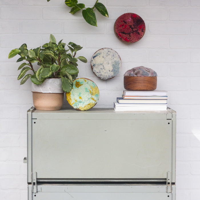 The Puff Collection | Round Teak Frame with Fiber Art in Reds and Pinks