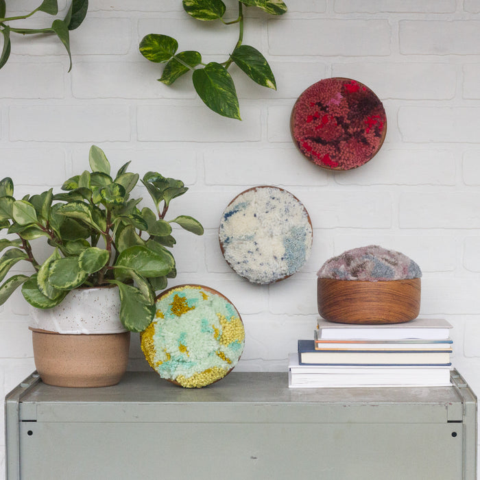 The Puff Collection | Round Teak Frame with Fiber Art in Reds and Pinks