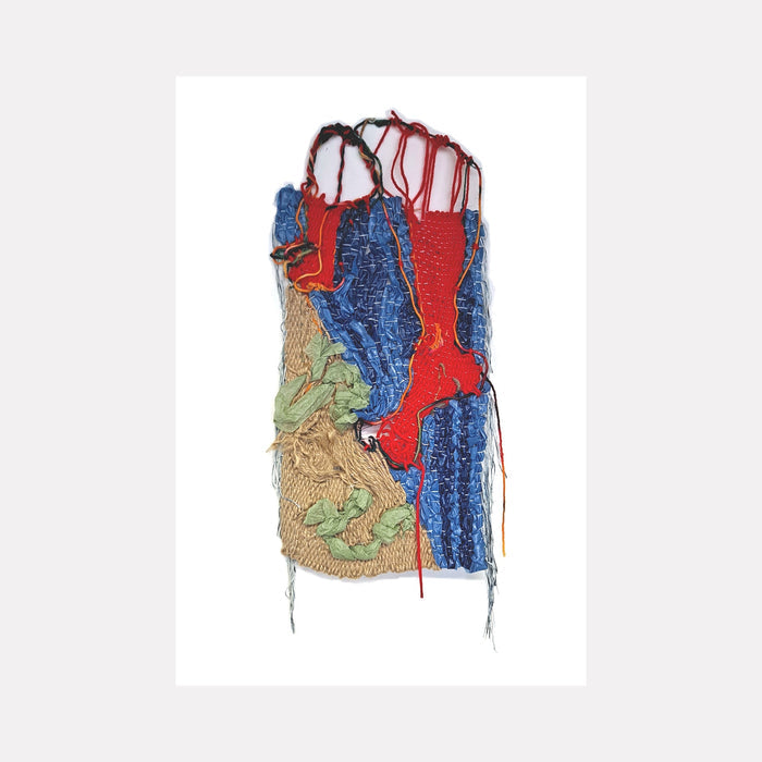 The artwork 'Toe Tow' features an abstract textile composition with vibrant red streaks cascading over textural blue and tan sections, created through intricate weaving of plastic bags, twine, and tissue paper. The vertical design showcases contrasting textures and a dynamic interplay of materials measuring 20x10 inches by Johanna Ryan.