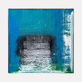 The artwork 'Voyage 2' by Bill Burns features a dramatic abstract composition with a central black and white textured portal set against a vibrant turquoise blue background. The painting showcases dynamic brushstrokes creating a sense of depth and movement, with white gestural marks suggesting waves or energy emerging from the dark center, painted in acrylic on 8x8 inch canvas.