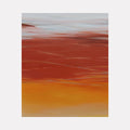 The artwork 'Waves #89' captures a mesmerizing sunset seascape with layered horizontal brushstrokes transitioning from deep rust red to golden orange, set against a pale gray sky. Abstract minimalist oil painting featuring fluid wave-like patterns and atmospheric gradient effects. Original artwork by Bob Melzmuf.