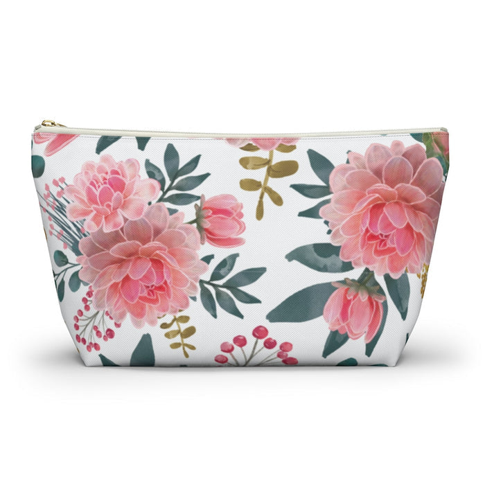 White Peony Accessory Pouch w T-bottom, Floral Bag, Flower Make Up Bag Bags