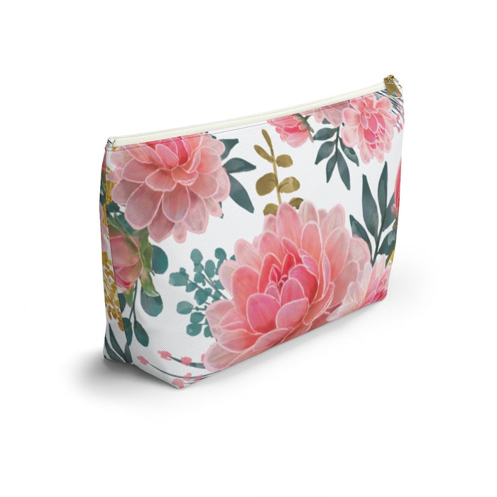 White Peony Accessory Pouch w T-bottom, Floral Bag, Flower Make Up Bag Bags