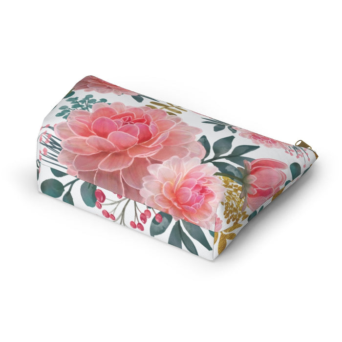 White Peony Accessory Pouch w T-bottom, Floral Bag, Flower Make Up Bag Bags